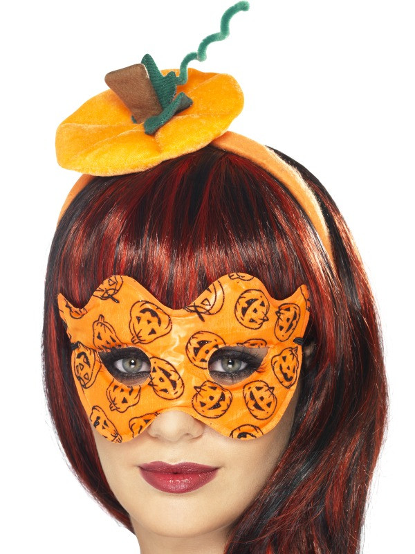 Accessorio costume Halloween kit cerchietto e maschera zucca arancione | pelusciamo.com