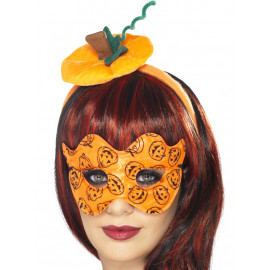 Accessorio costume Halloween kit cerchietto e maschera zucca arancione *17083 
